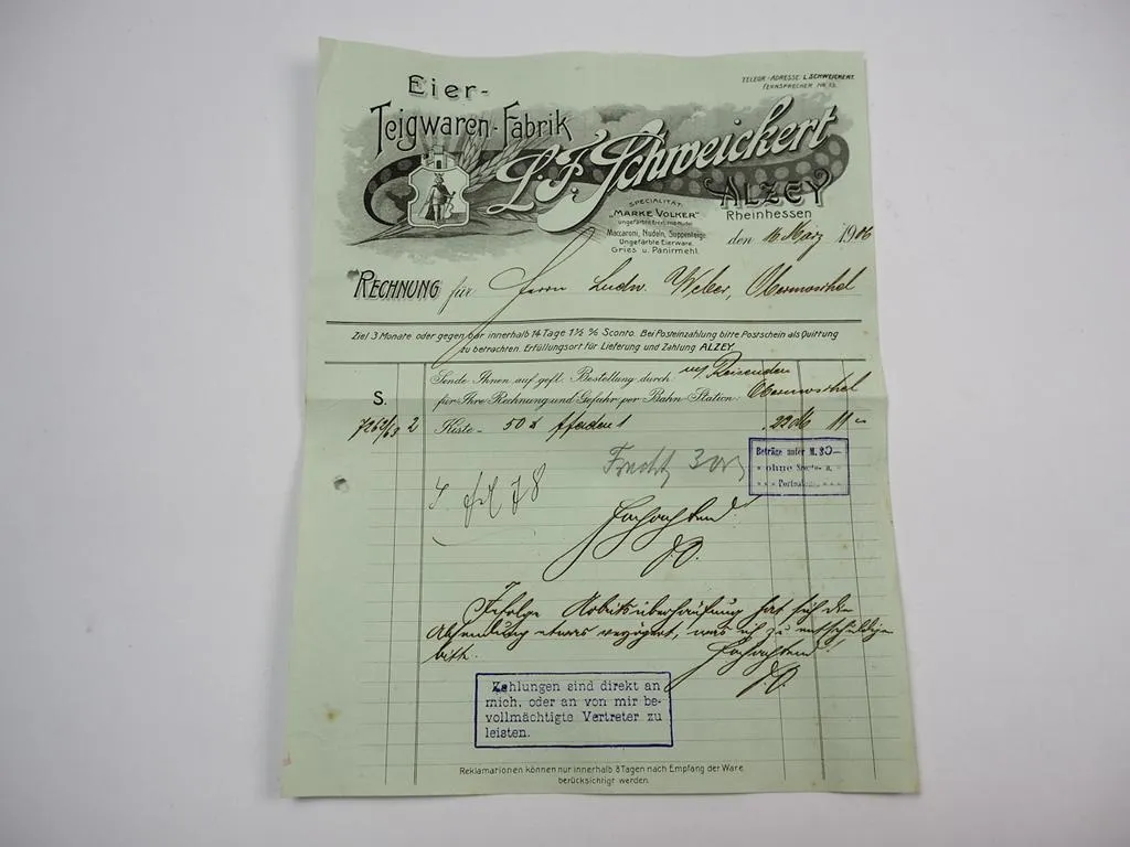 L. F. Schweickert Eier Teigwaren Fabrik Alzey Rheinhessen Rechnung 16.März 1906