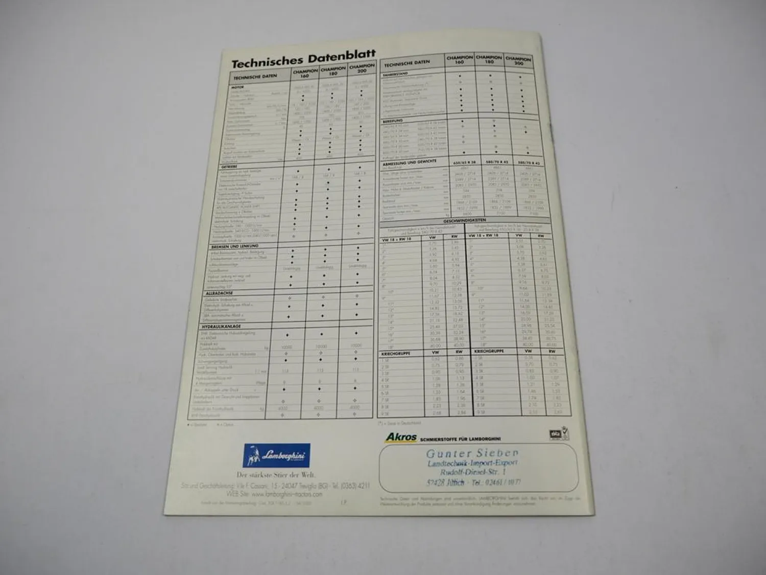 Lamborghini Champion 160 180 200 Traktor Prospekt Technisches Datenblatt 04/2000