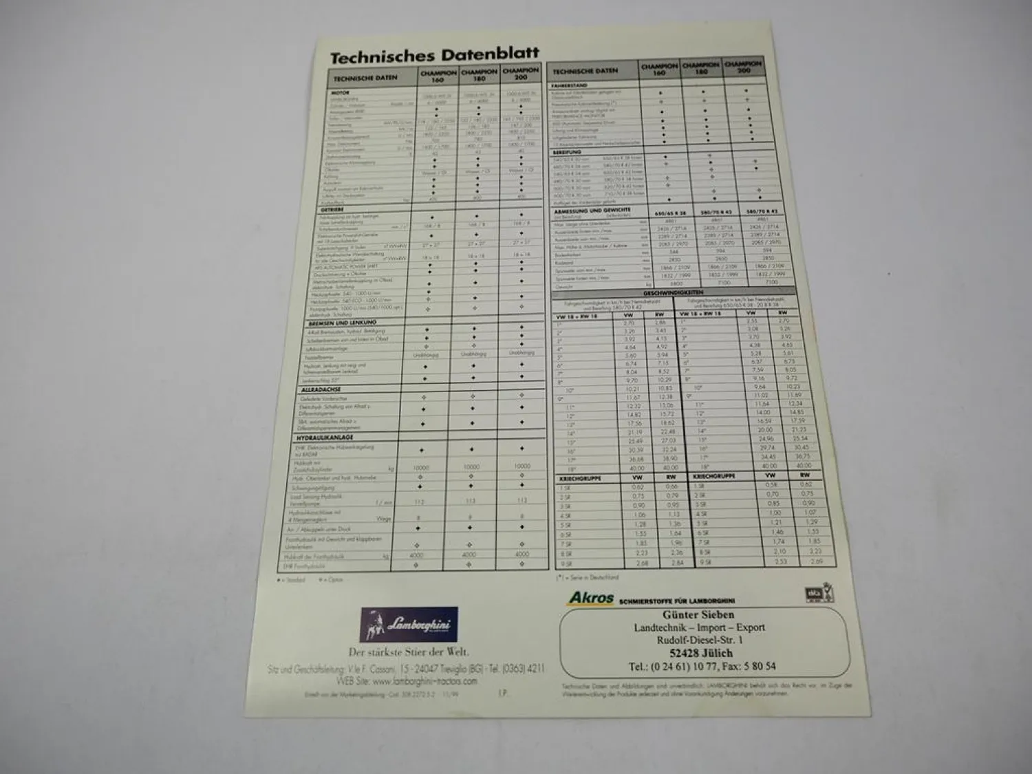 Lamborghini Champion 160 180 200 Traktor Technisches Datenblatt 11/1999