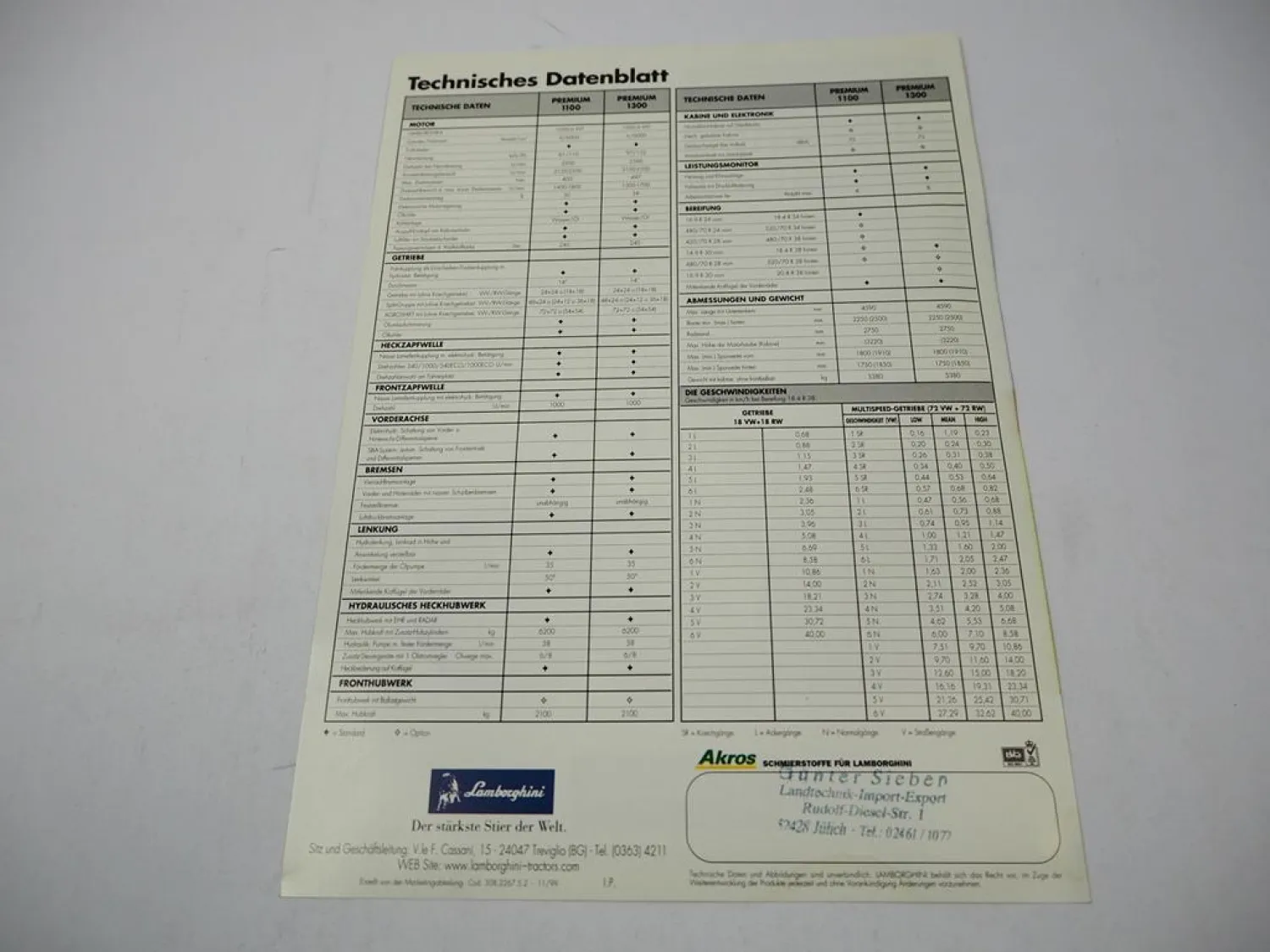 Lamborghini Premium 1100 1300 Traktor Technische Daten Prospekt 11/1999