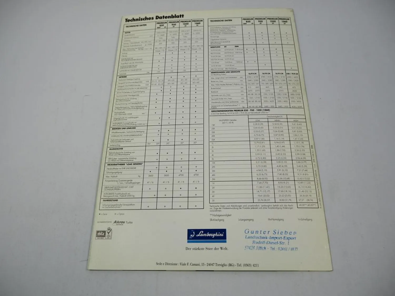 Lamborghini Premium 850 950 1050 1650 Traktor Prospekt Technische Daten 07/2000