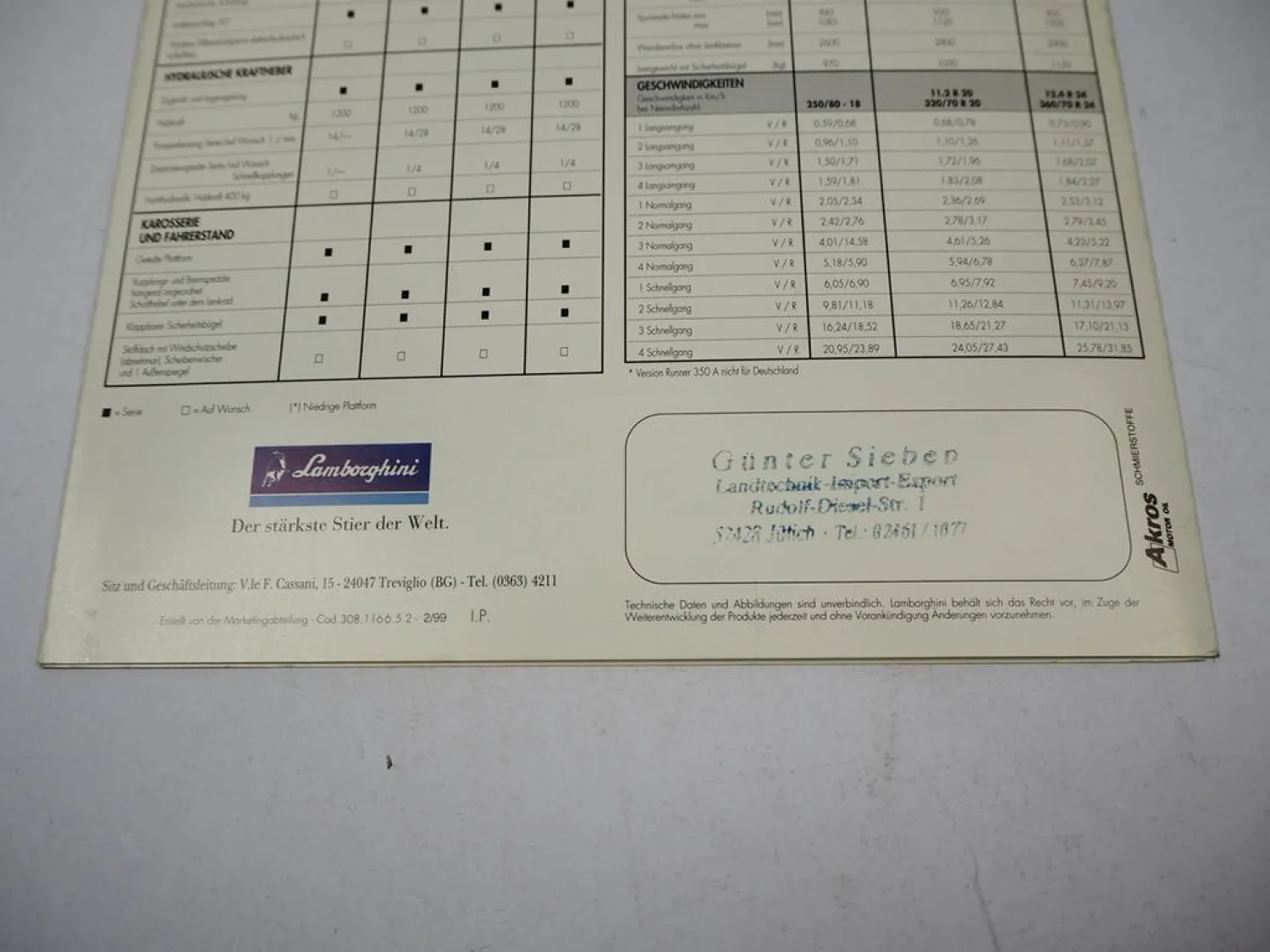 Lamborghini Runner 250 350 + A 450 Schlepper Prospekt Technische Daten 11/1995