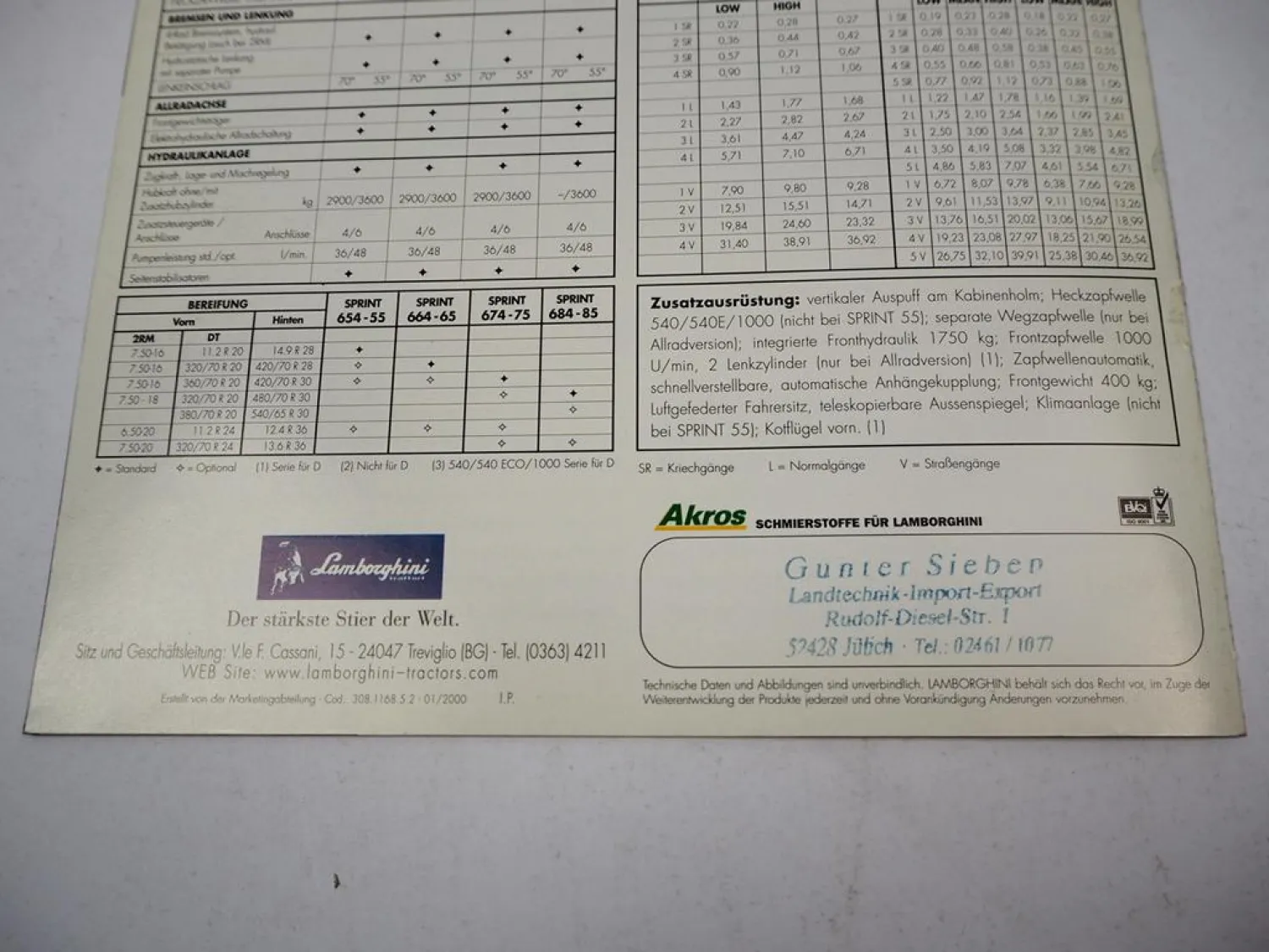 Lamborghini Sprint 55 65 75 e 85 CV Schlepper Prospekt Technische Daten 1/2000