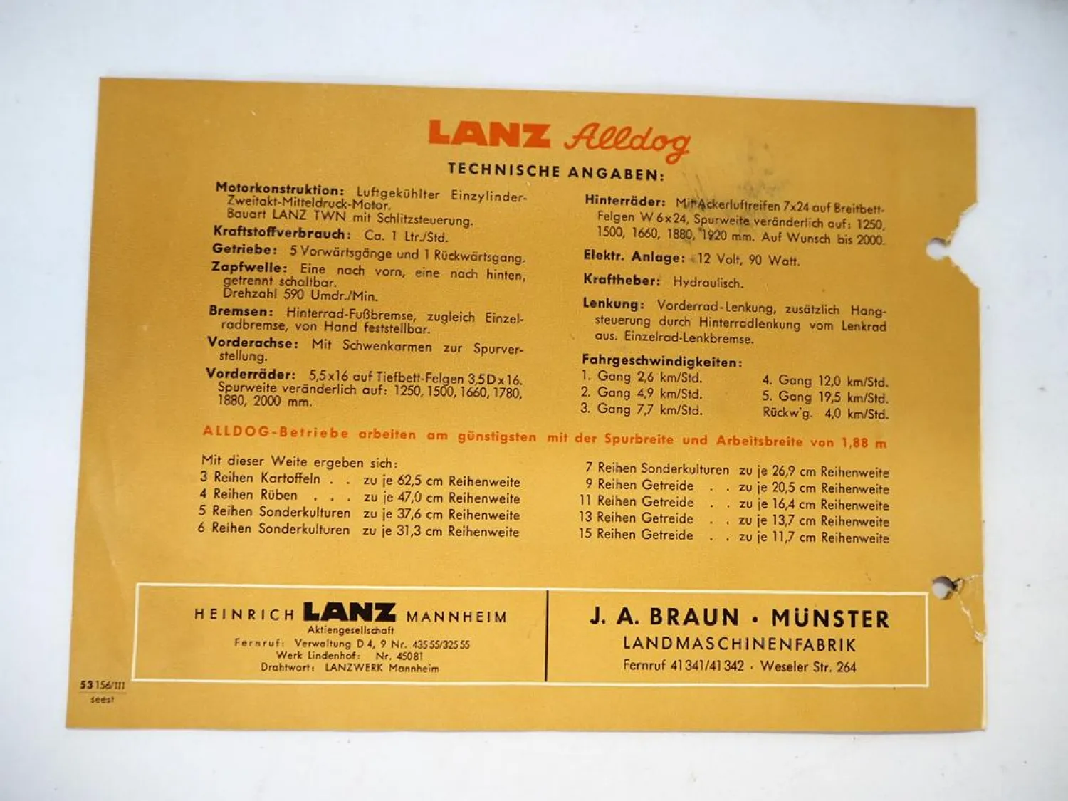 Lanz Alldog Reining Wespe Anbaugerät Prospekt Preisliste Techn. Zeichnung 1955