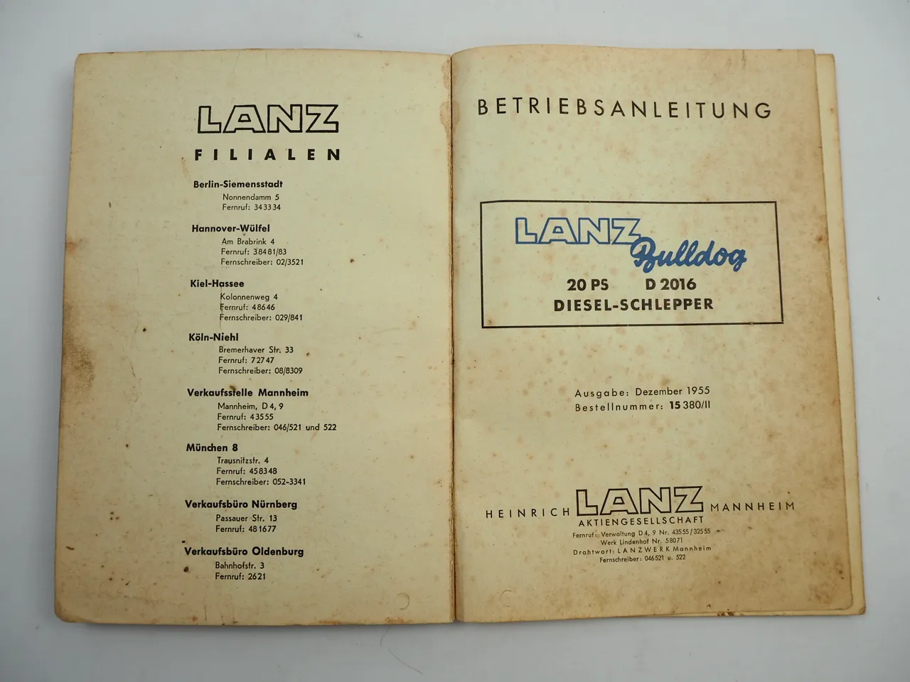 Lanz Bulldog D 2016 Dieselschlepper Betriebsanleitung Bedienungsanleitung 1955