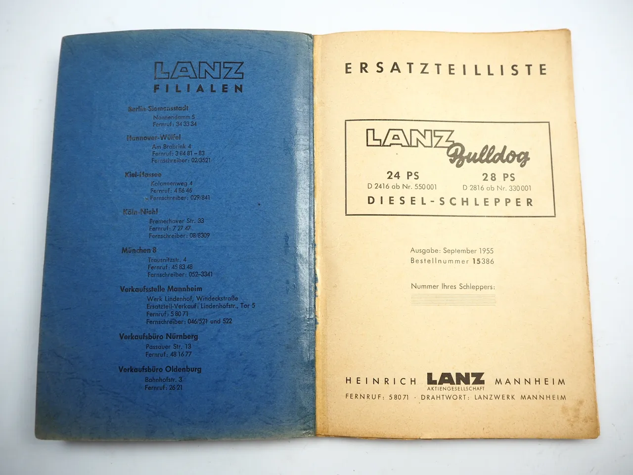 Lanz Bulldog D2416 24 PS D2816 28 PS Ersatzteilkatalog Ersatzteilliste 1955