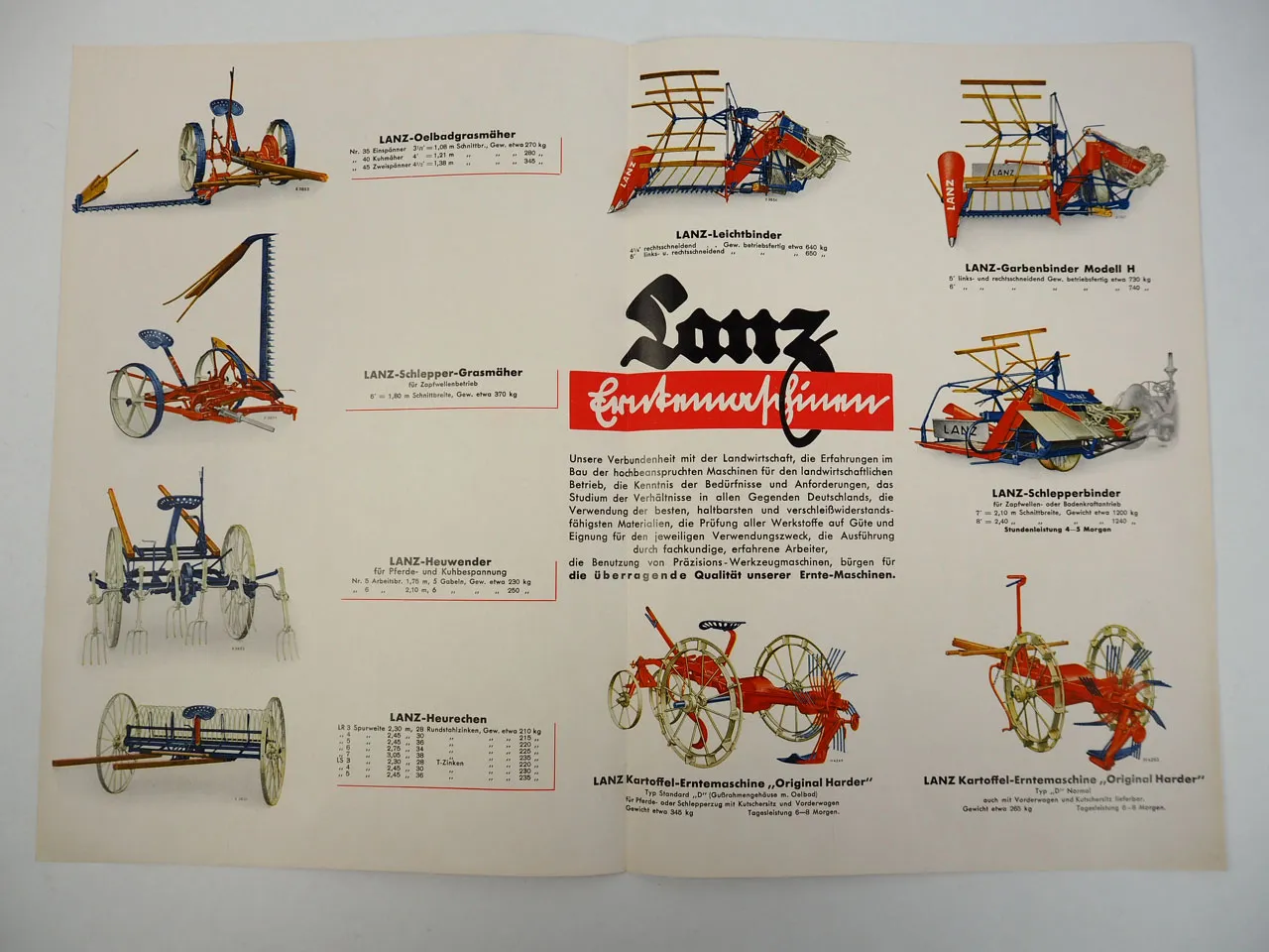 Lanz Erntemaschinen Prospekt 1939 Heuwender Grasmäher Schlepperbinder