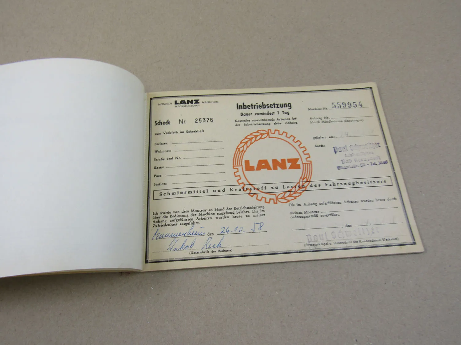 Lanz Kundendienstscheckheft 1958 Wartungsheft