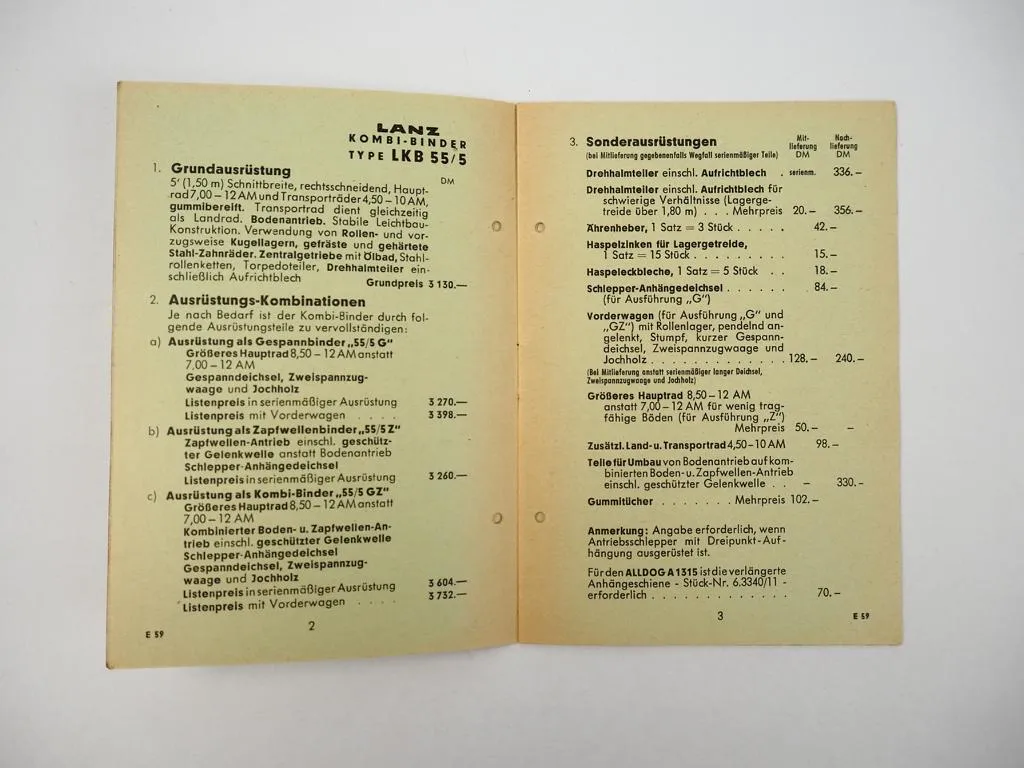 Lanz Preisliste E59 Getreide- und Heuernte-Maschinen 1958