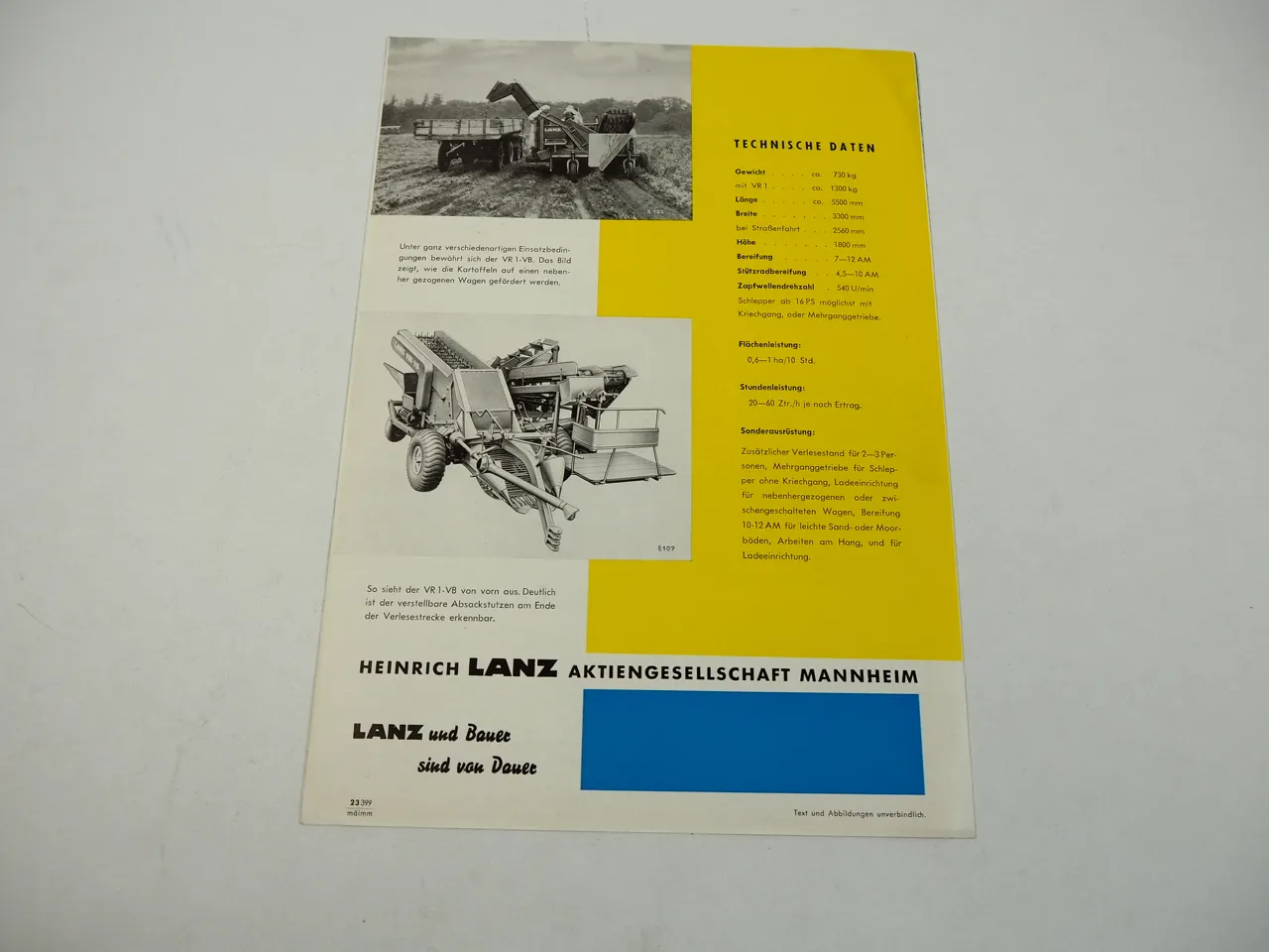 Lanz VR1-VB Vorratsroder mit Verleseband Prospekt 1950er Jahre