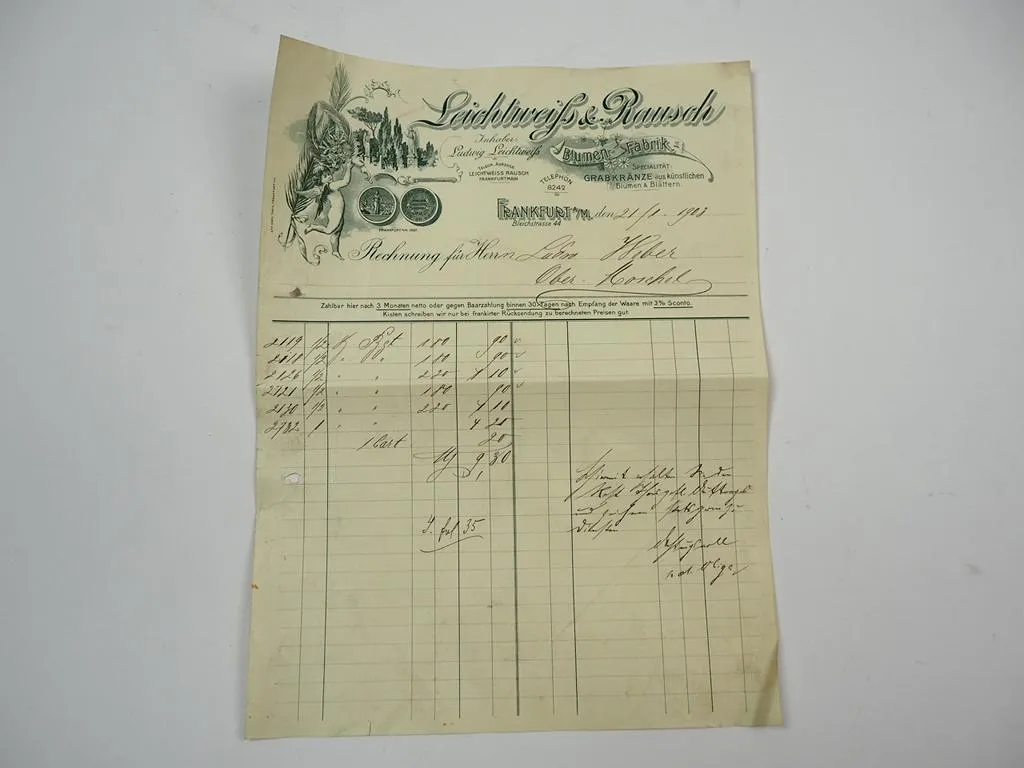 Leichtweiss & Rausch Blumen Fabrik Frankfurt Main Rechnung 21.1.1903