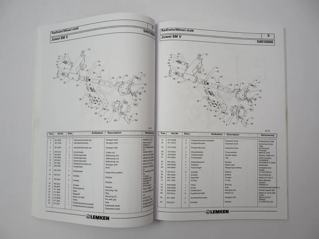 Lemken Juwel 8M V Anbaupflug Ersatzteilliste Spare Parts List 2016