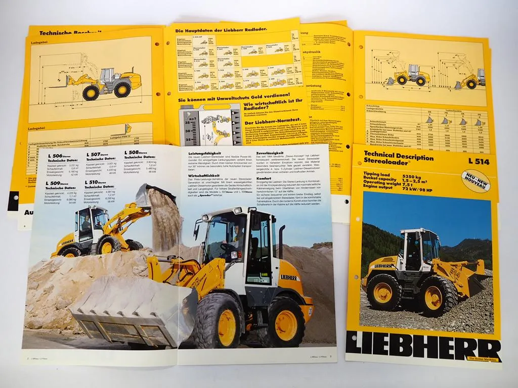 Liebherr L506 bis L580 Radlader Stereolader 7x Prospekt 1999/2004