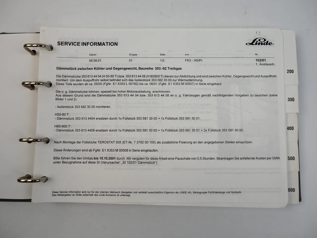 Linde Service Information für Gabelstapler Hubwagen Elektro Treibgas Diesel 2001/02