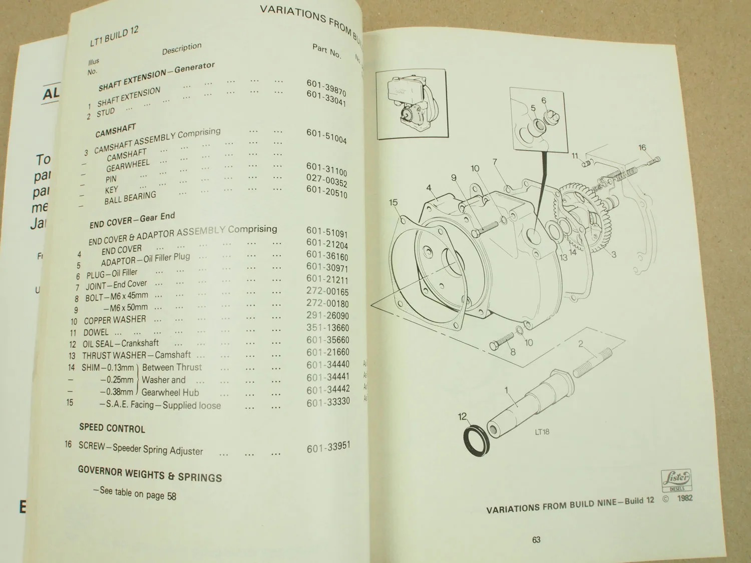 Lister LT1 LT2 diesel engine Parts List 1982 Ersatzteilliste in englisch
