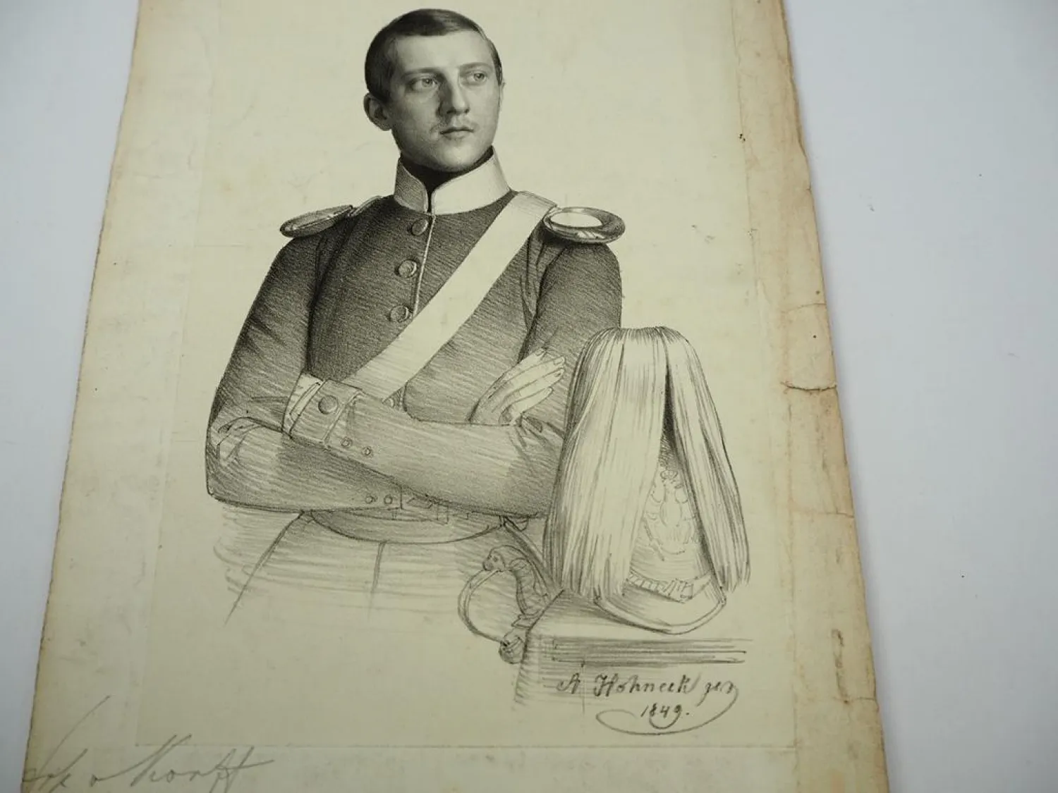 Lithografie Preussischer Offizier 1849 Uniform Paradehelm Adolf Honeck