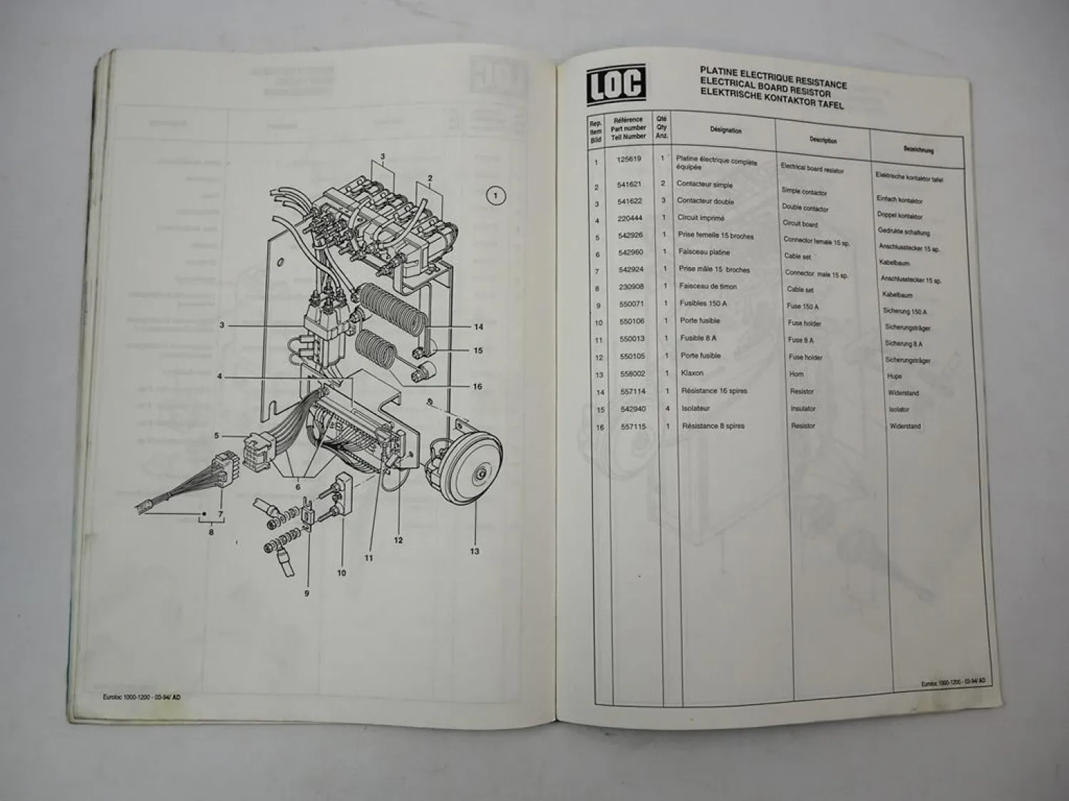 LOC Euroloc 1000 1200 Elektro Hubwagen Betriebsanleitung Ersatzteilliste 1993