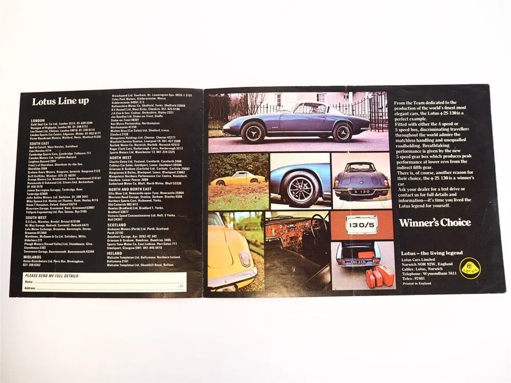 Lotus +2s 130 Car England Prospekt Brochure 1970er Jahre