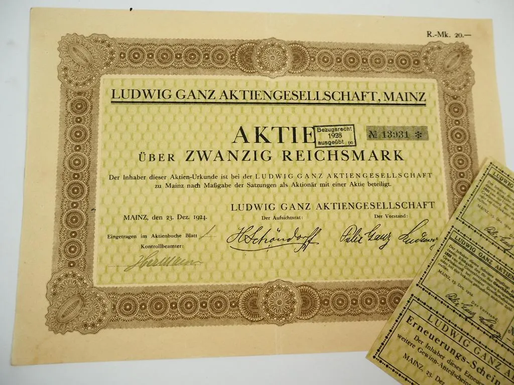 Ludwig Ganz AG Mainz Textilien 20 RM alte Sammler Aktie No. 13931 von 1924