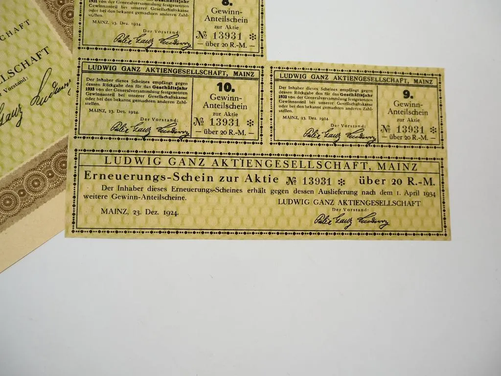 Ludwig Ganz AG Mainz Textilien 20 RM alte Sammler Aktie No. 13931 von 1924