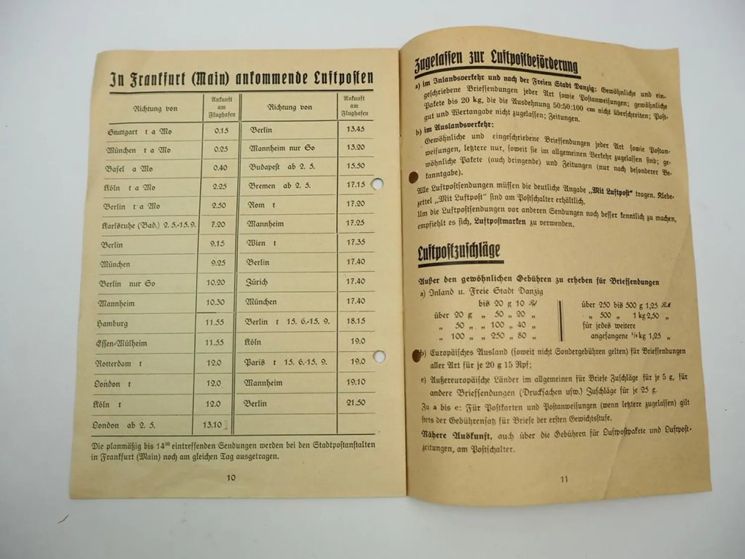 Luftpostverbindungen Preisliste 1938 Reichspost Direktion Frankfurt weltweit