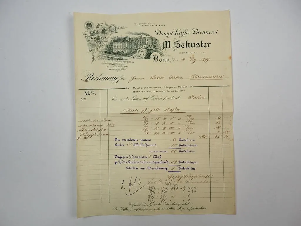 M. Schuster Dampf Kaffee Brennerei Bonn Rechnung 14. Dez. 1899