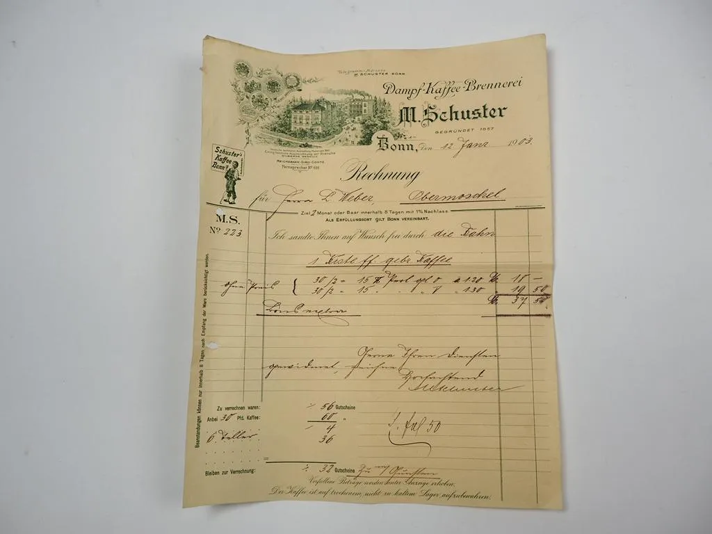 M. Schuster Dampf Kaffee Brennerei Bonn Rechnung 1903 Nr. 223