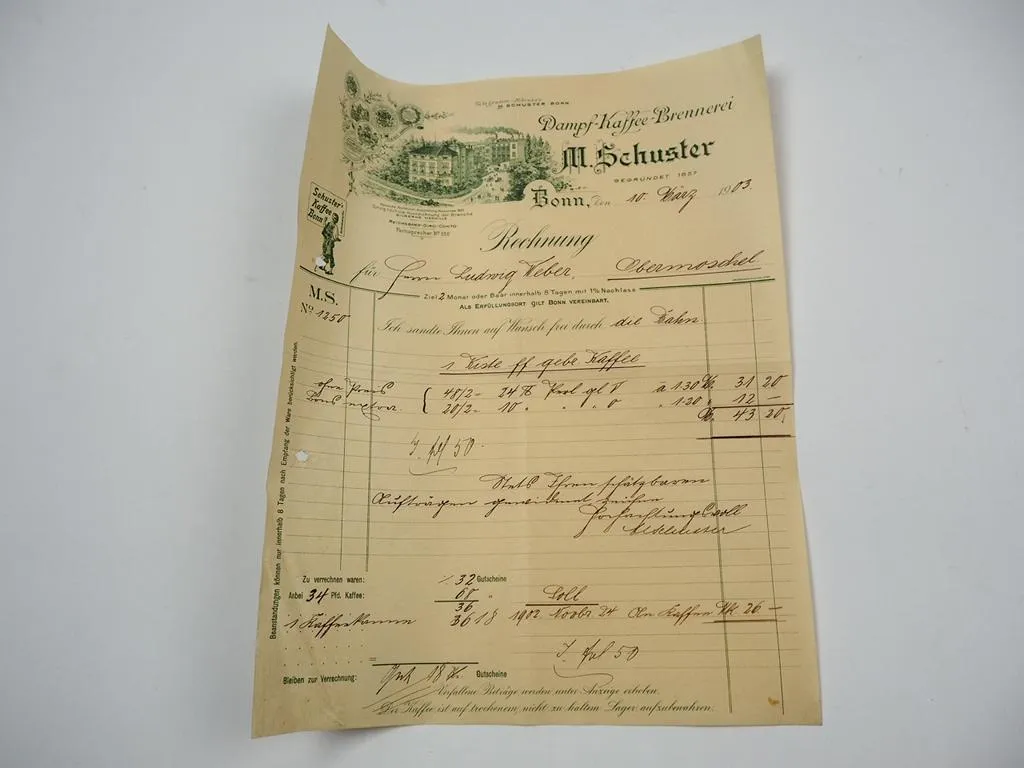 M. Schuster Dampf Kaffee Brennerei Bonn Rechnung 1903 Nr.1250