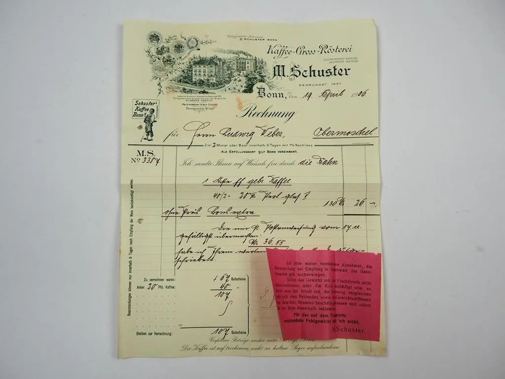 M. Schuster Kaffee Gross Rösterei Bonn Rechnung 19. April 1906