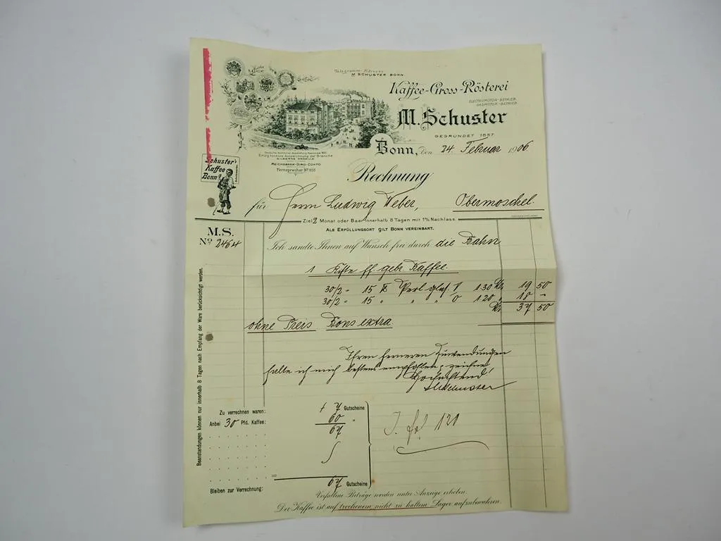 M. Schuster Kaffee Gross Rösterei Bonn Rechnung 24. Februar 1906