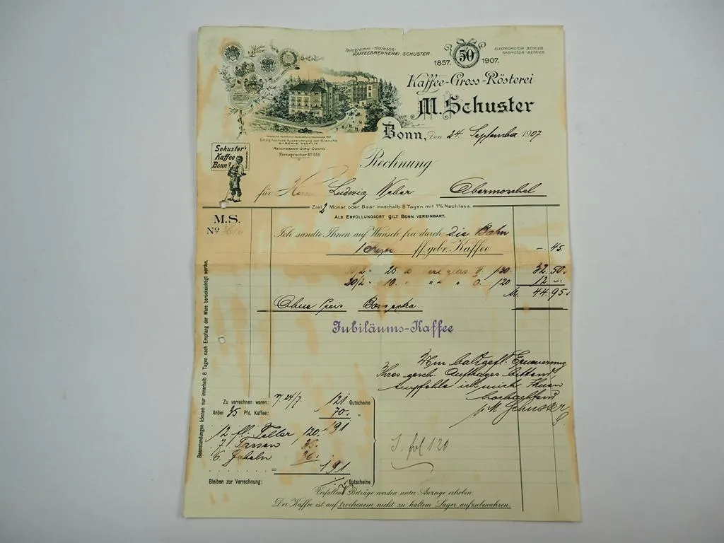 M. Schuster Kaffee Gross Rösterei Bonn Rechnung 24. Sept. 1907
