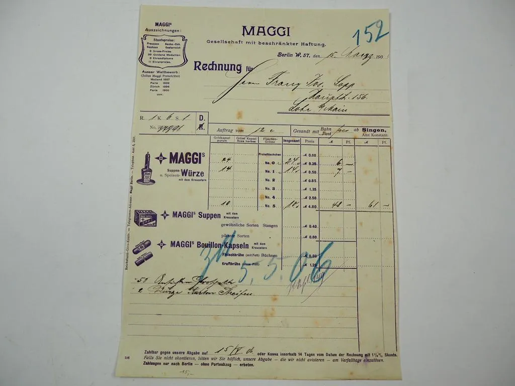 MAGGI Suppen Würze Goldkapsel purum Berlin Rechnung 1906