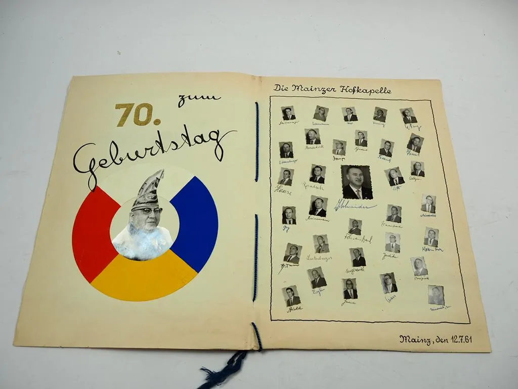Mainzer Hofkapelle Ehrenurkunde zum 70. Geburtstag 1961 M.C.V. Mainz Karneval