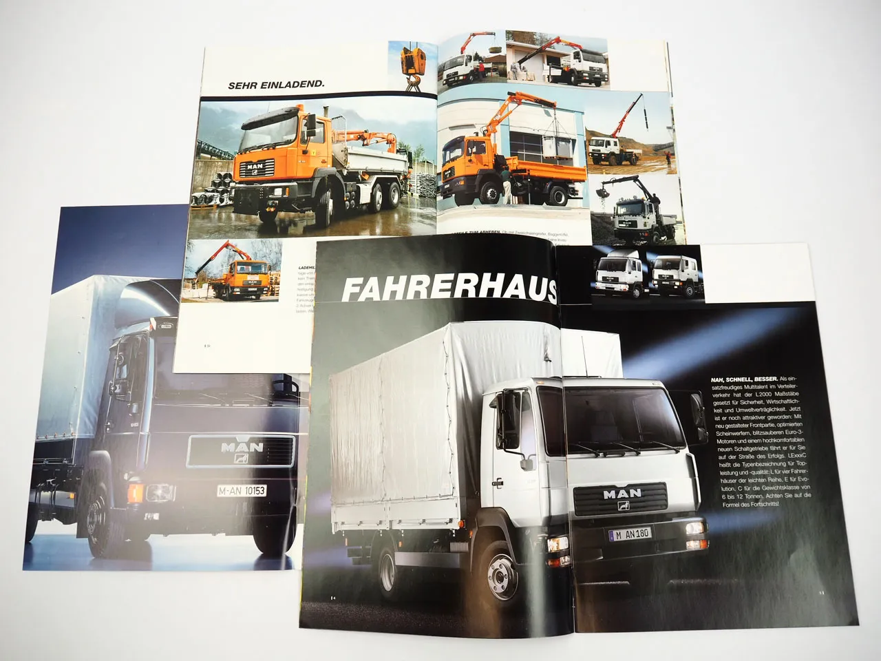 MAN L2000 M2000 F2000 LKW Baufahrzeuge Lieferwagen 3x Prospekt 1990er Jahre
