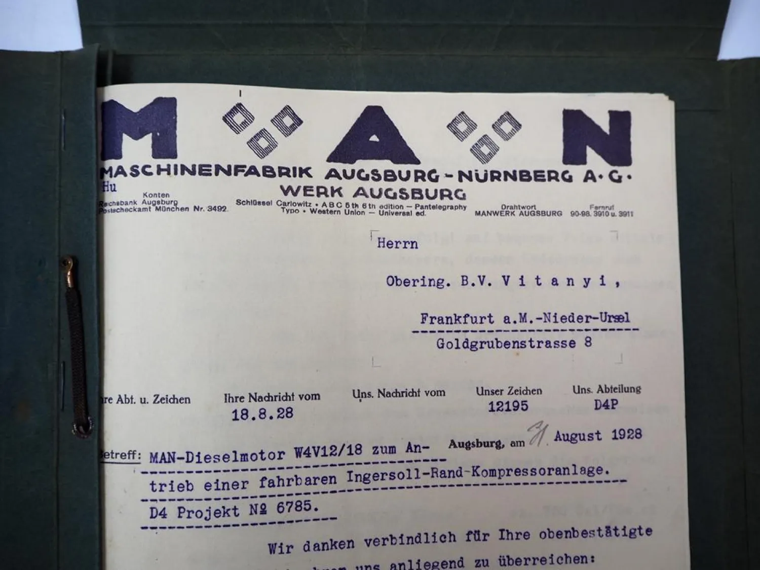 MAN W4V12/18 Dieselmotor Mappe mit Angebot 1928 Ingersoll Rand Kompressor