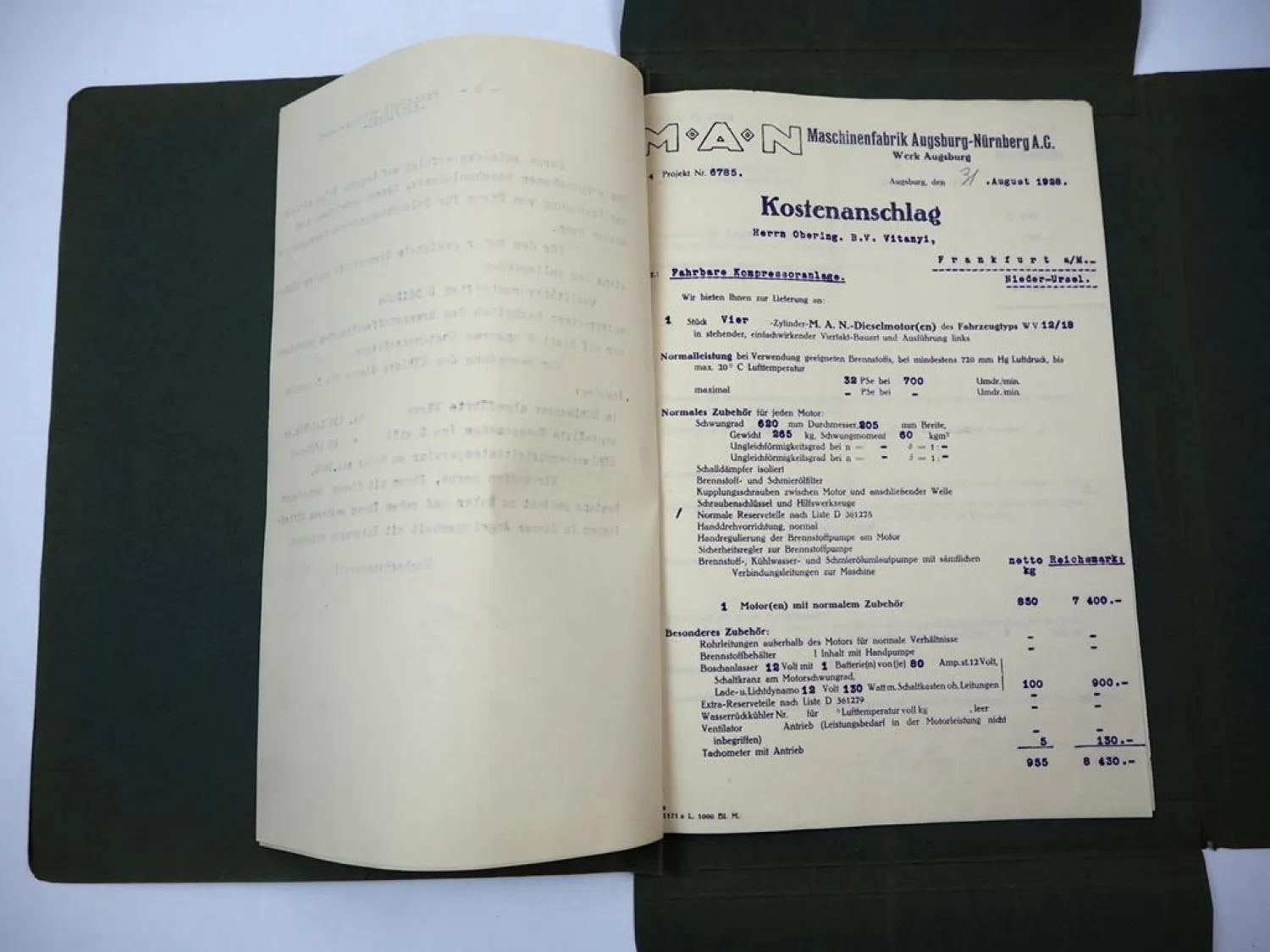 MAN W4V12/18 Dieselmotor Mappe mit Angebot 1928 Ingersoll Rand Kompressor