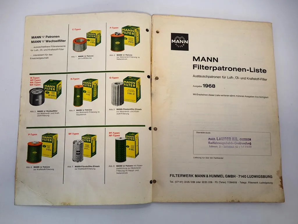 Mann Filterpatronen Liste für PKW LKW Traktor Ersatzteilkatalog 1968