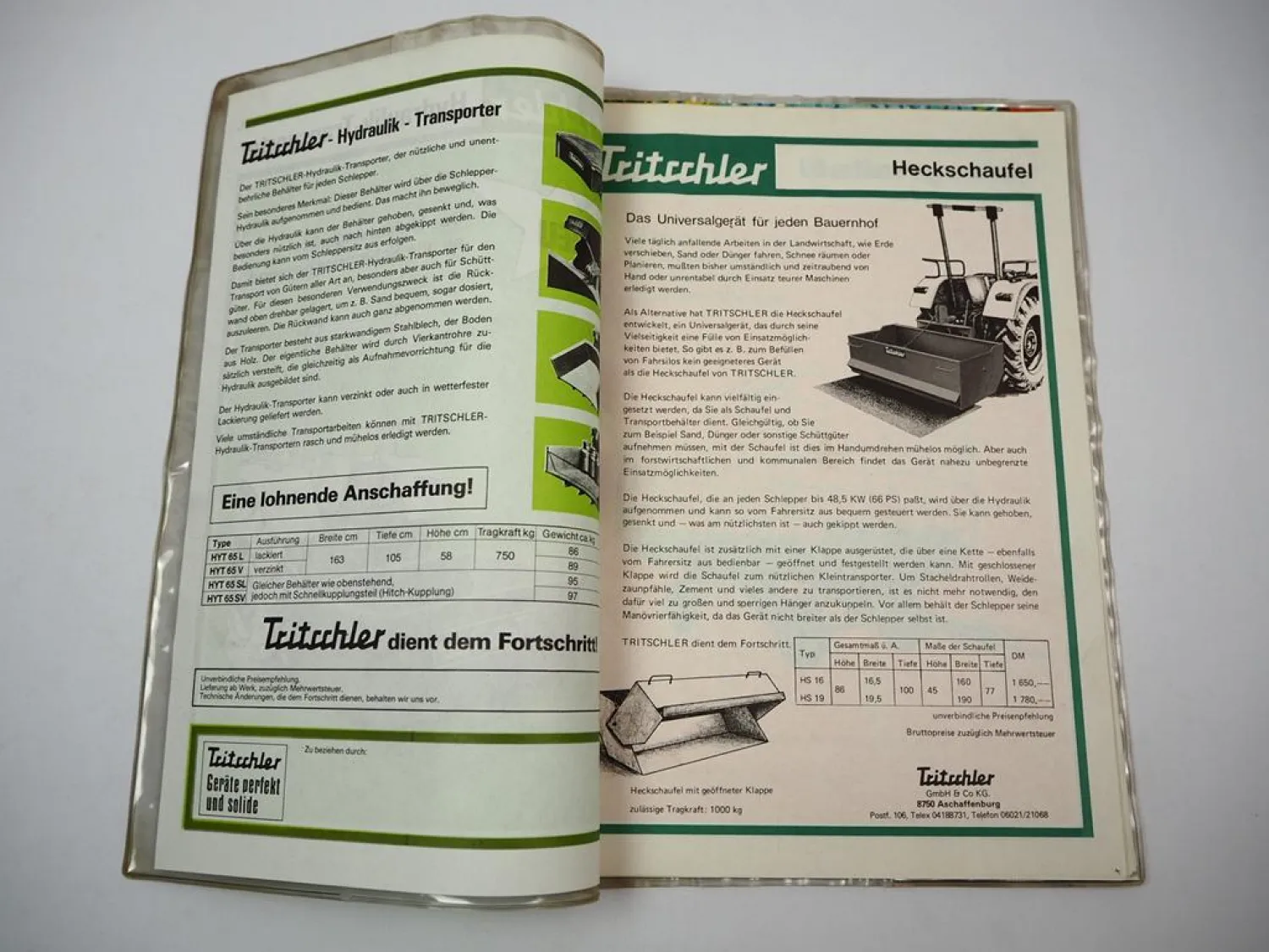 Mappe mit 10x Prospekt Tritschler Anbaugeräte für Schlepper 1970er Jahre