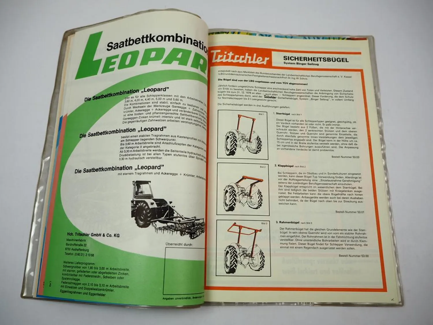 Mappe mit 10x Prospekt Tritschler Anbaugeräte für Schlepper 1970er Jahre