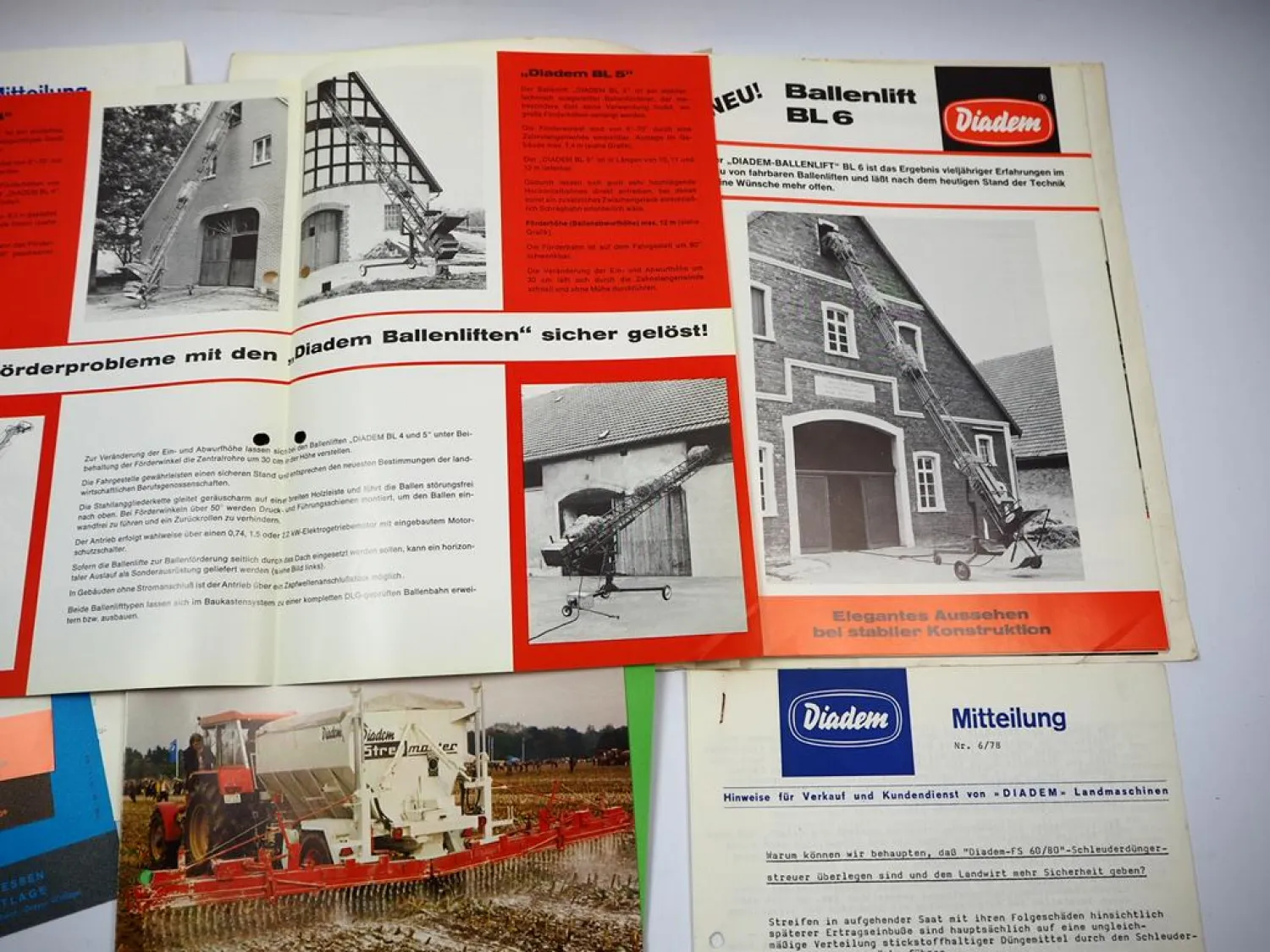 Mappe mit 16x Prospekt Diadem Landmaschinenprogramm + Mitteilungen 1970er Jahre