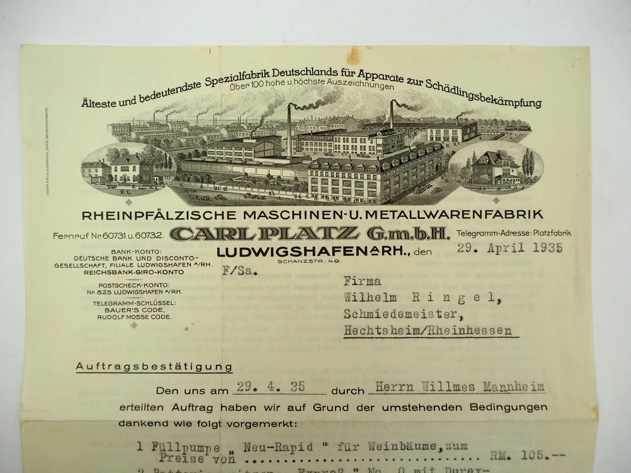 Maschinenfabrik Carl Platz GmbH Ludwigshafen Landtechnik Geschäftsbrief 1935