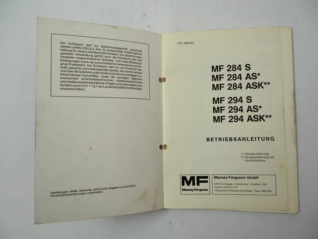 Massey Ferguson MF 284 294 S AS ASK Schlepper Betriebsanleitung Bedienung 1986
