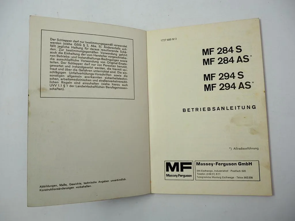 Massey Ferguson MF 284 294 S AS Schlepper Betriebsanleitung Bedienung 1983
