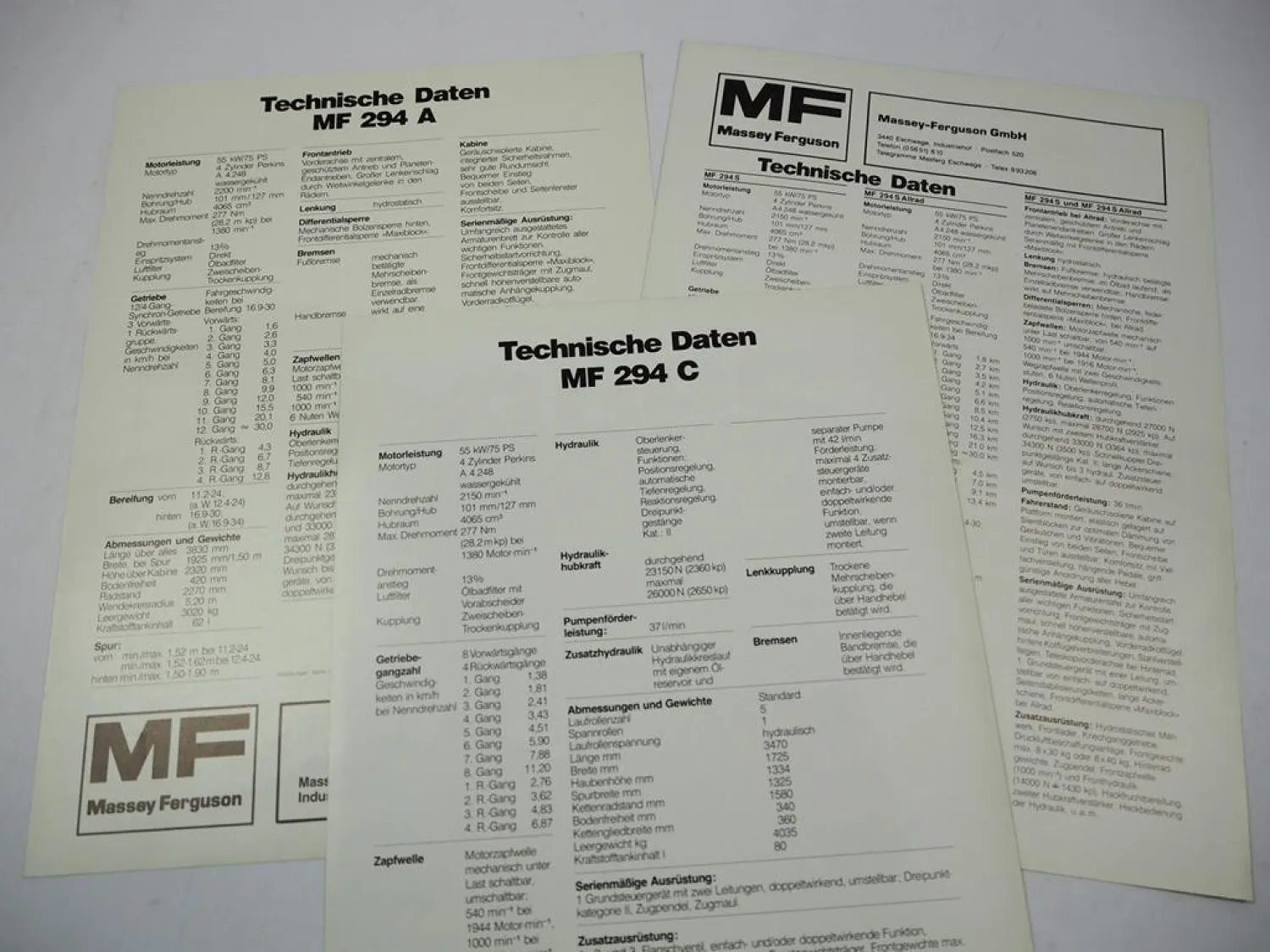 Massey Ferguson MF 294 294S 294C Traktor 3x Prospekt technische Daten 1983/84