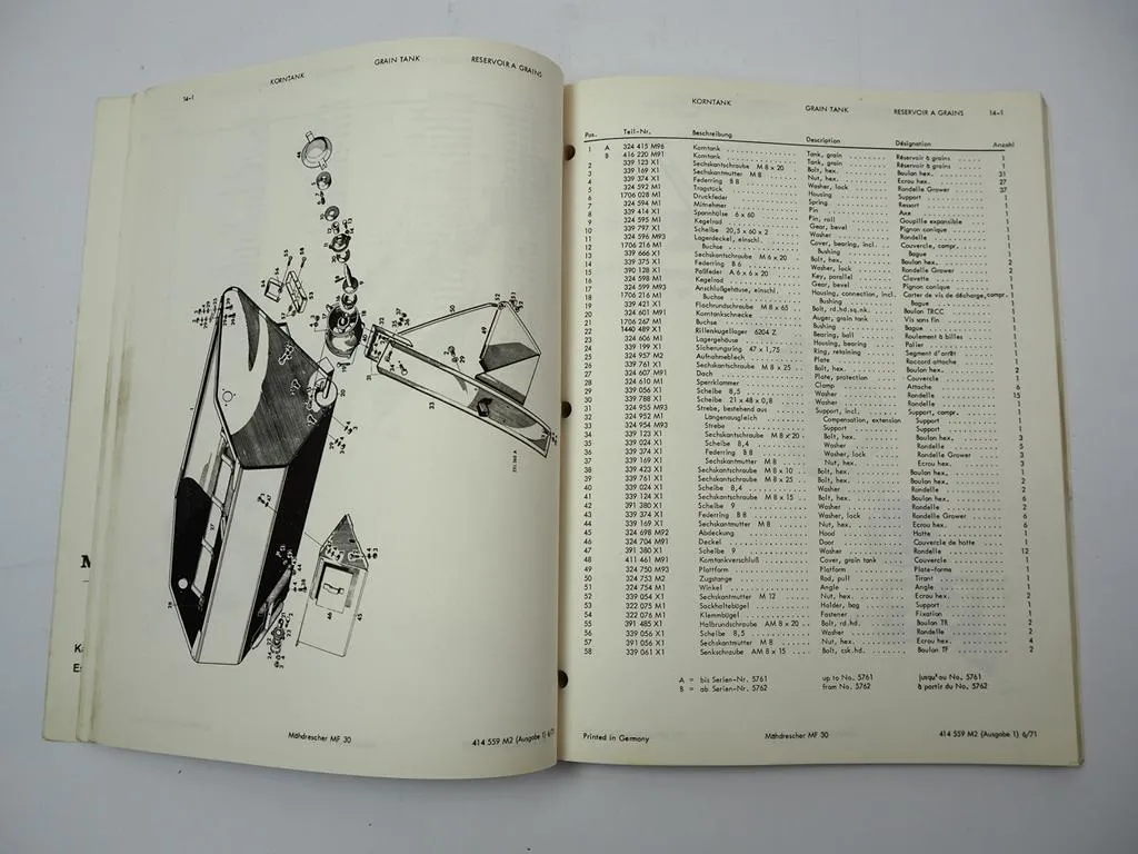 Massey Ferguson MF 30 Mähdrescher Ersatzteilliste Spare Parts List 1971