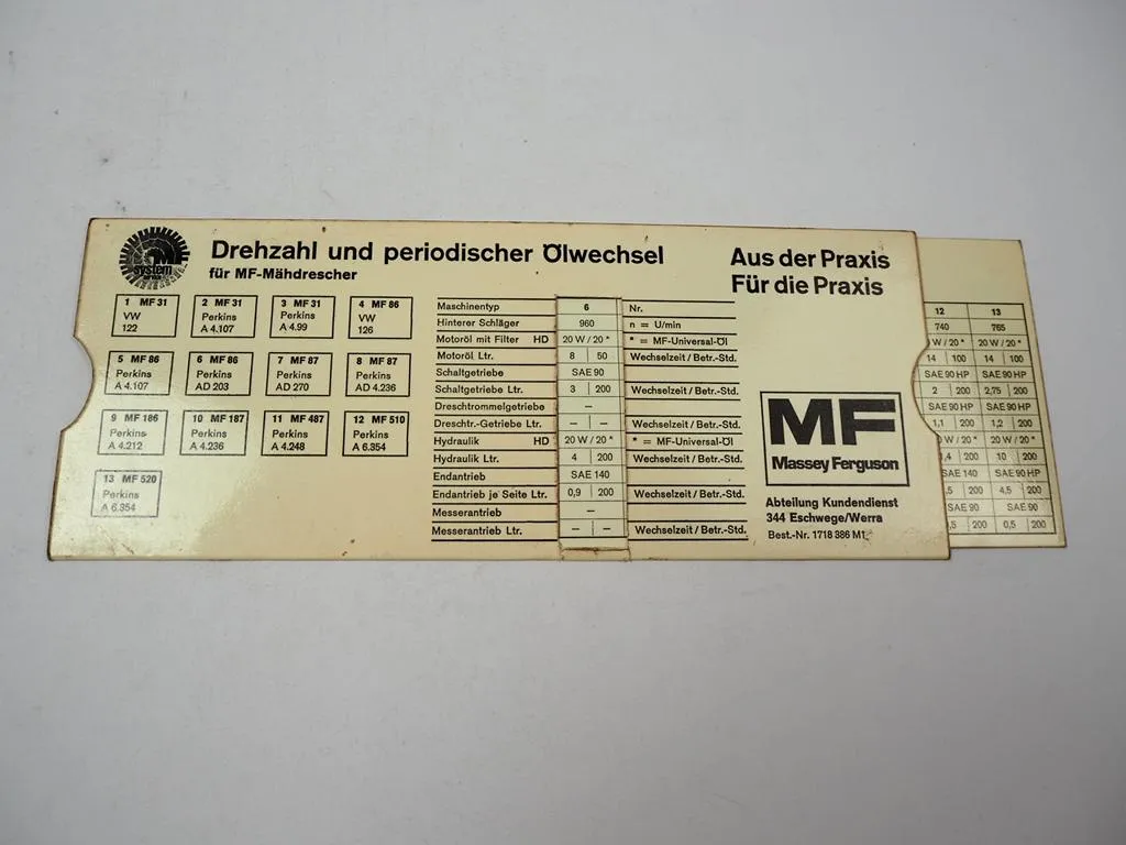 Massey Ferguson MF 31 86 87 186 187 487 500 510 520 Mähdrescher Einstelltabelle