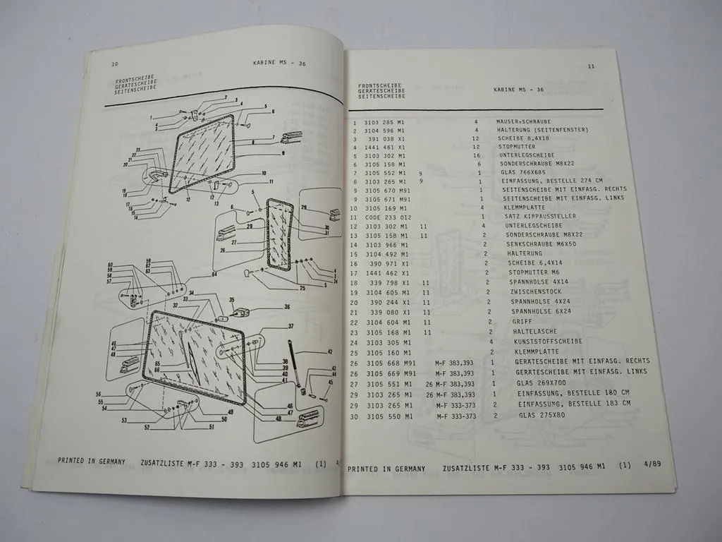 Massey Ferguson MF 333 353 363 373 383 393 Ersatzteilliste Zusatz Ausrüstung 89