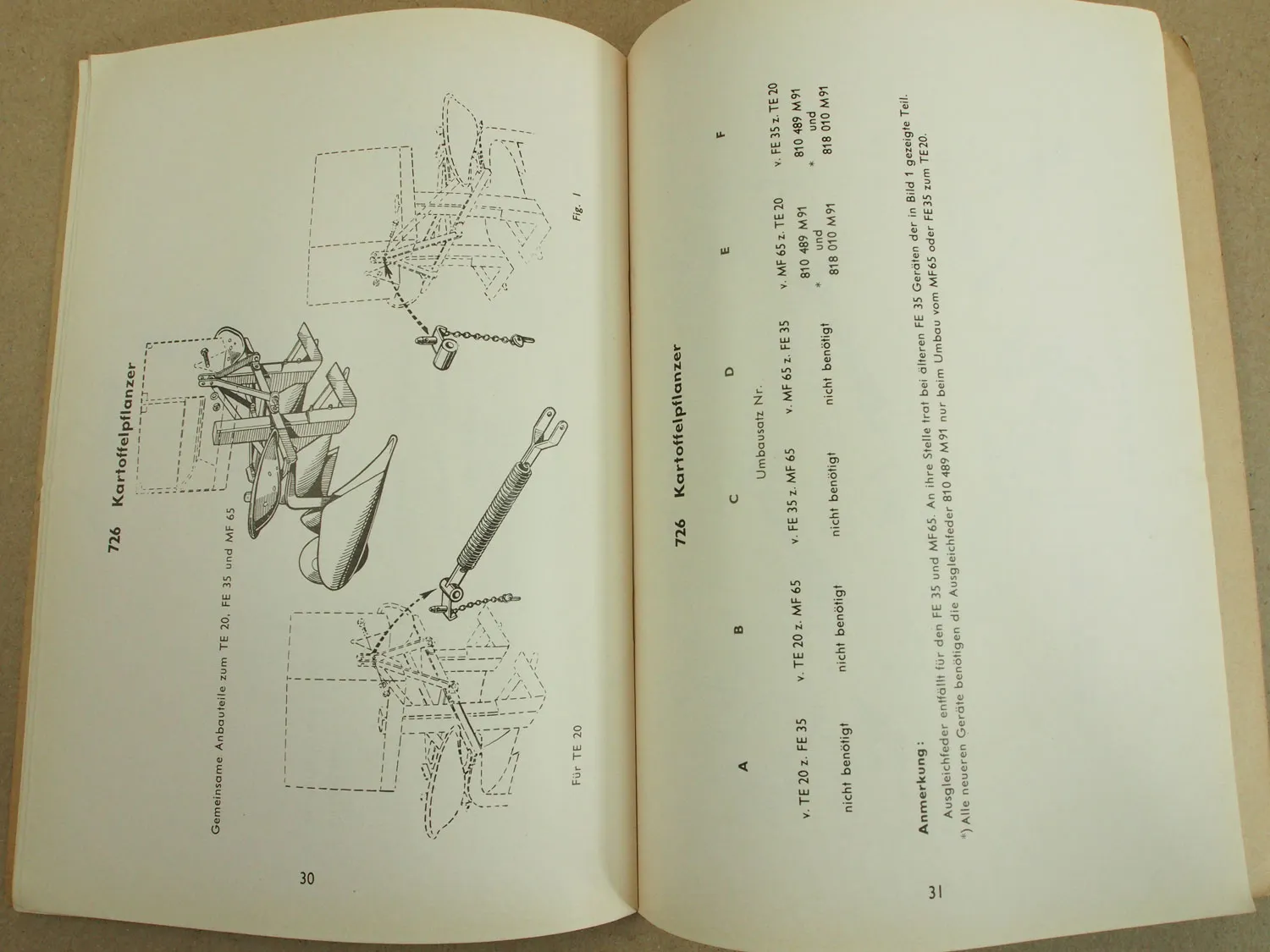 Massey Ferguson MF 65 FE 35 TE 20 Handbuch Geräteanbau ca 1959