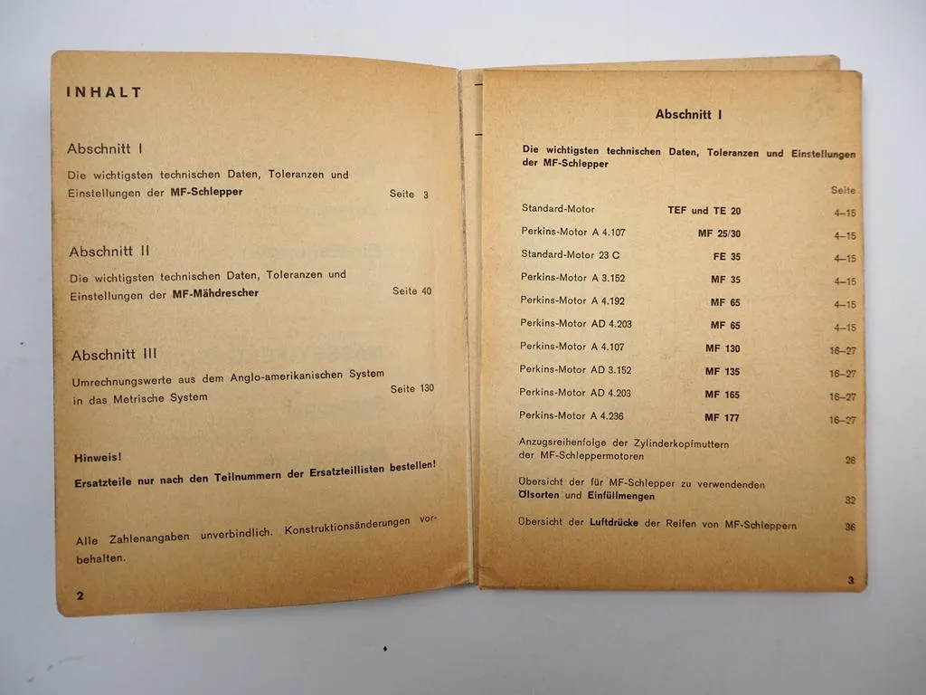 Massey Ferguson Schlepper Mähdrescher Technische Daten Toleranzen Einstellungen