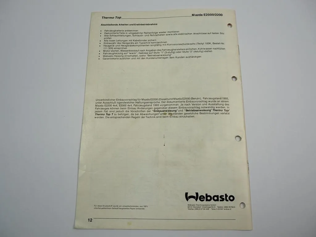 Mazda E2200 E2000 4x4 Einbauanleitung Webasto Thermo Top T BW/DW50 Heizung